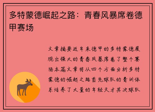 多特蒙德崛起之路：青春风暴席卷德甲赛场