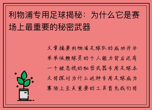利物浦专用足球揭秘：为什么它是赛场上最重要的秘密武器